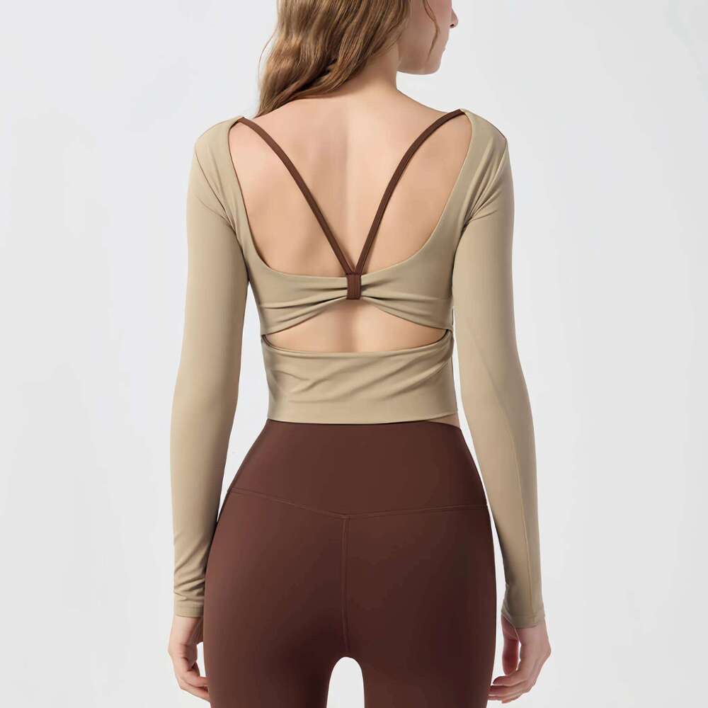 Long Sleeve Yoga for Women Gym with Fixed Chest Pad Shockproof Color-Block Beauty Pilates Fitness Top Sportswear 26Y0224