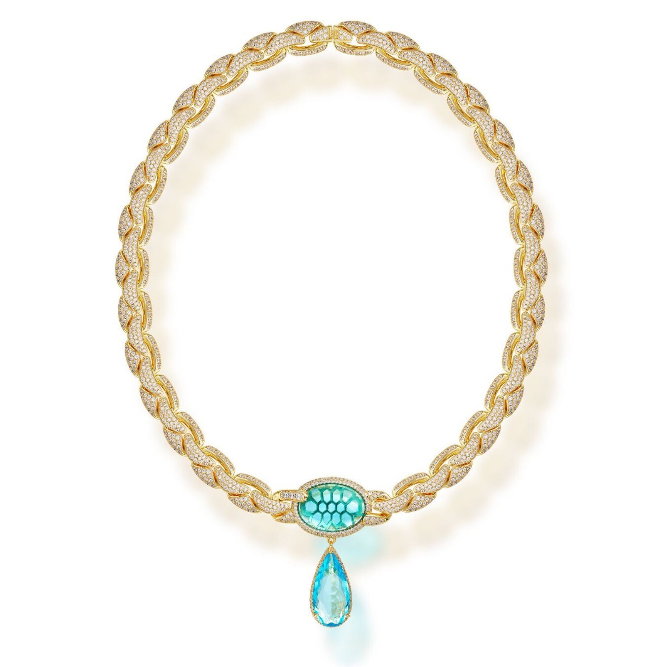 Necklace Sea Blue Water Drop Necklace, Gold-Plated Heavy-Duty Cuban Cha, Luxurious Texture Necklace, Women's Eveng Wear Necklace