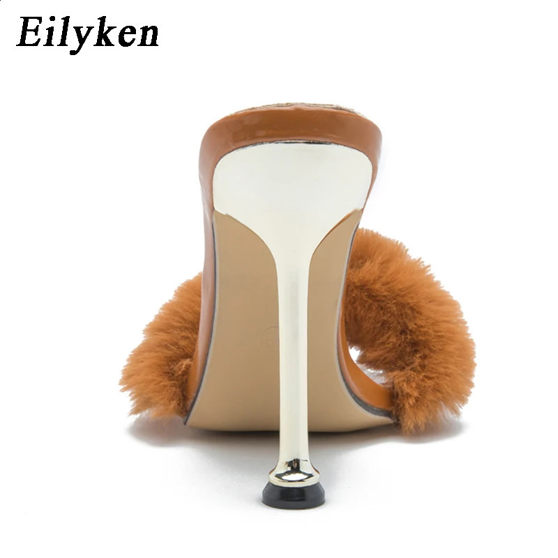 Eilyken Summer Fashion n Fluffy Fur Pointed Toe Women Slippers Stiletto Heels Mules Slide Ladies Shoes 260124