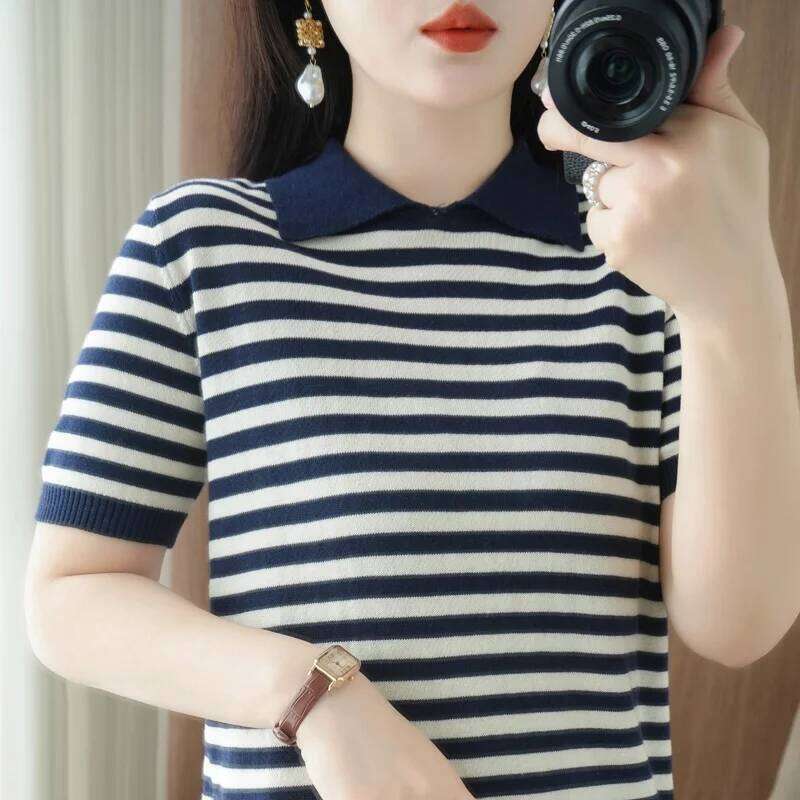Summer 100% Cotton T-shirt Women's Knitted Short Sleeve Casual Stripe POLO Collar Tees Loose Blouse Basic Versatile Tops Jumper 26W0224