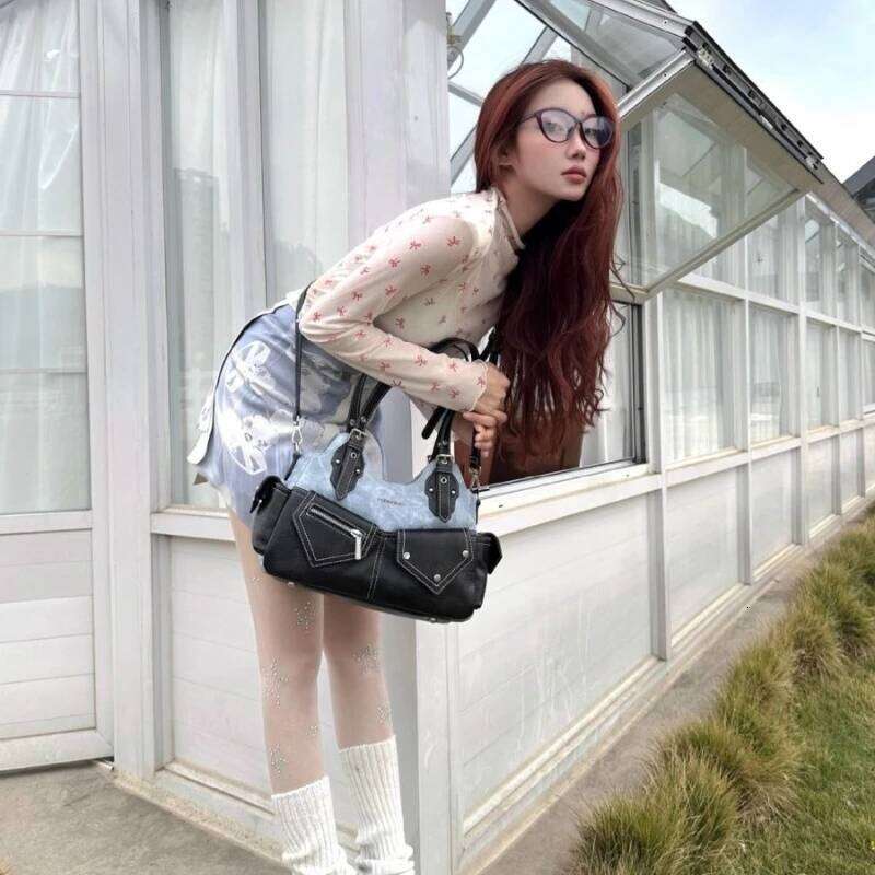 New Original Niche Design Retro Color-blocking Denim Patchwork Single-shoulder Underarm Hand-held Crossbody Bag Girls Package Z260224