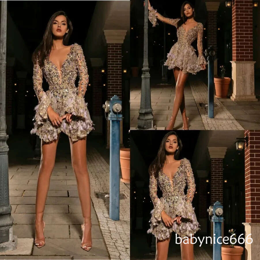 2026 Sexy Short Prom Dresses Deep V Neck Beads Crystal Long Sleeve Mini Evening Gowns Custom Made Feather Cocktail Dress Party Wear J19