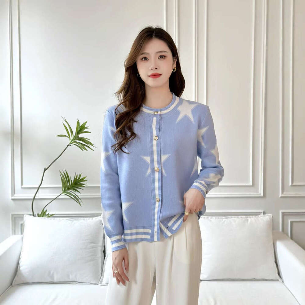 High-End Niche Designer Lazy Style Color-Block Five-Pointed Star Knitted Cardigan Fashion Versatile Slimming