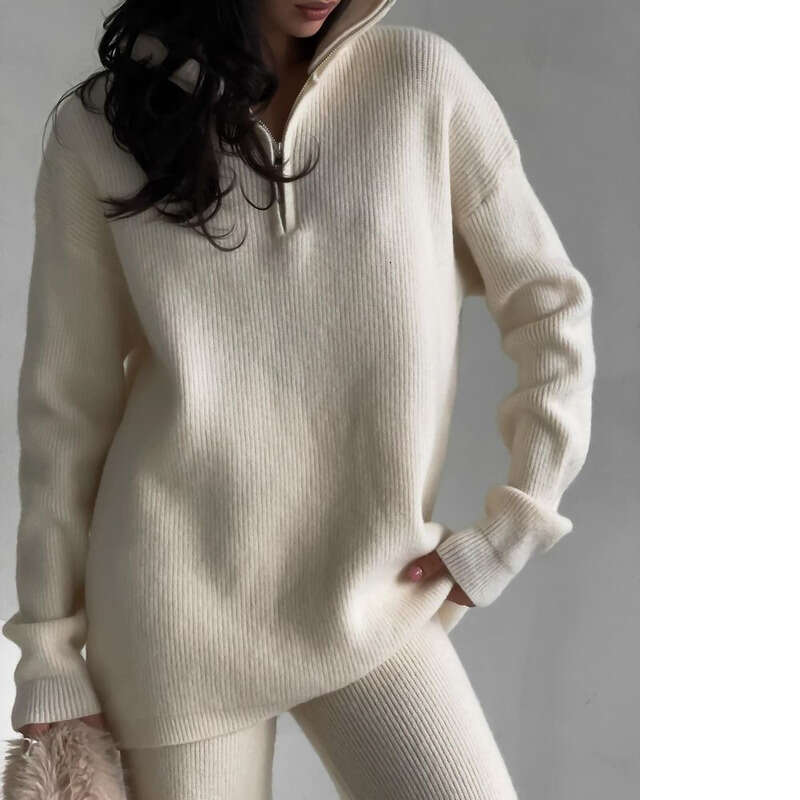 Ladies Sportswear Set Women Sport Leisure Suit Fashion Women s Spring And Autumn Elegant Casual Half Zip Turn Down Collar Knit Set