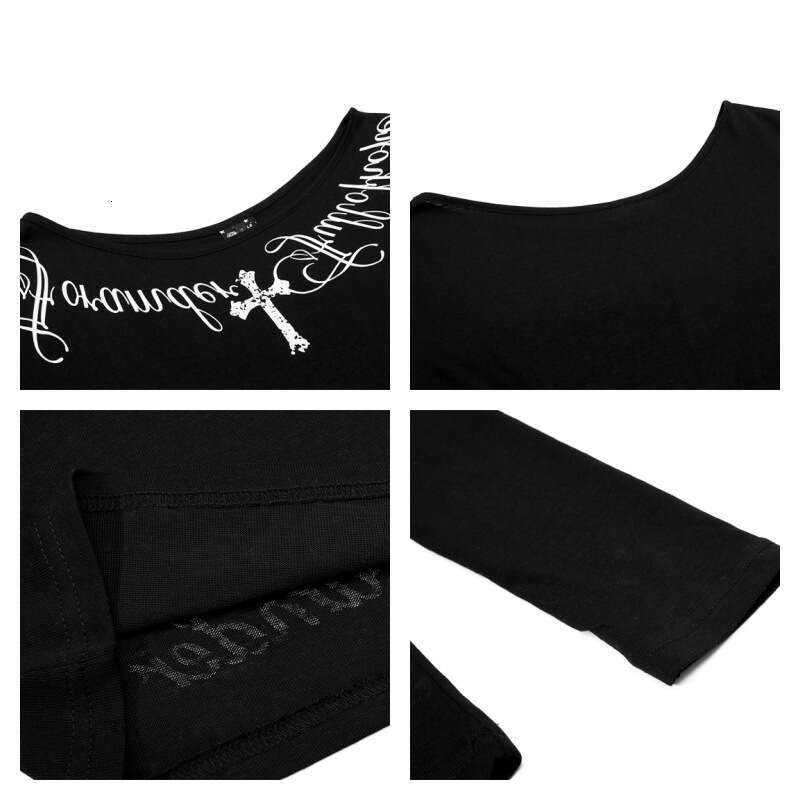 Off-Shoulder Cross Letter Print Long-Sleeve T-Shirt, 2026 Spring-Summer New Dark Gothic Hot Girl Style, Slim-Fit Casual Top
