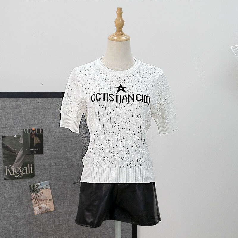 Elegant Hollow-Out Short-Sleeve Summer Jacquard Star-Letter New Loose Round-Neck Knit Pullover Sweater