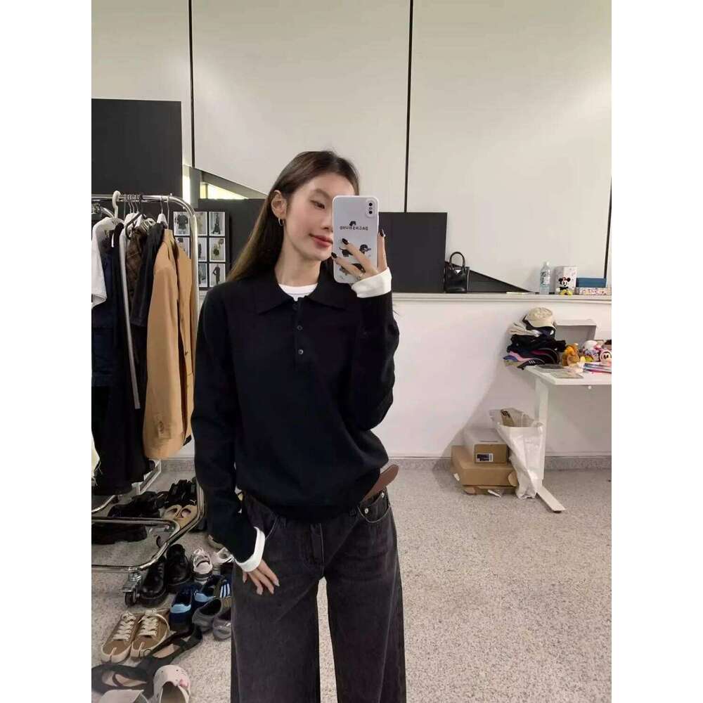 Korean Youthful Embroidered Polo Collar Knit Top Women Lazy Style Versatile Loose Fit Lapel Long Sleeve Casual Pullover 26W0224
