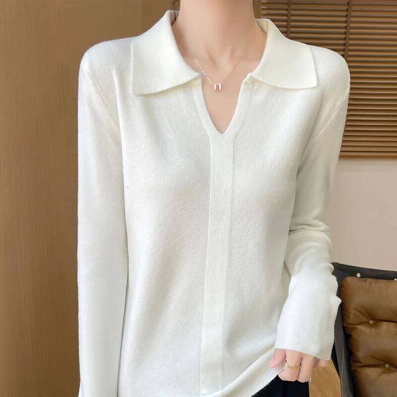 Spring Autumn Winter Women Fine Wool Sweater Polo Collar Solid Color Pullover Female Slim Knitwear Long Sleeve Basis Tops 26W0224