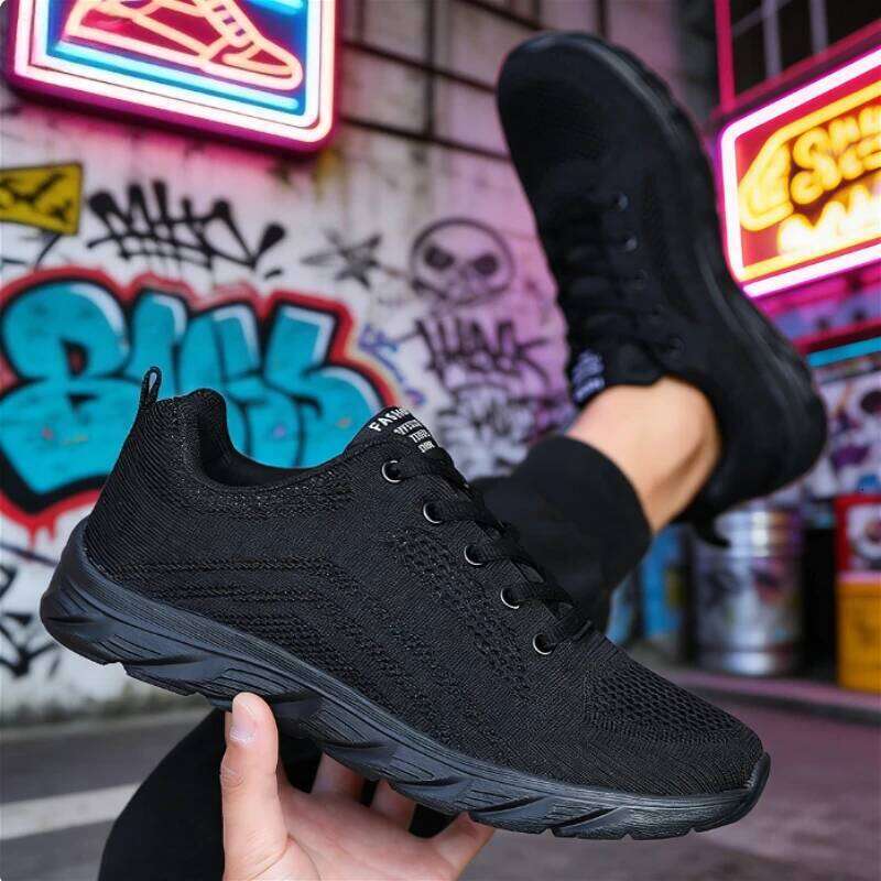 All Black Casual Sneakers Breathable Lightweight Non-Slip Outdoor Shoes Walking Running Trendy Versatile Men's Footwear