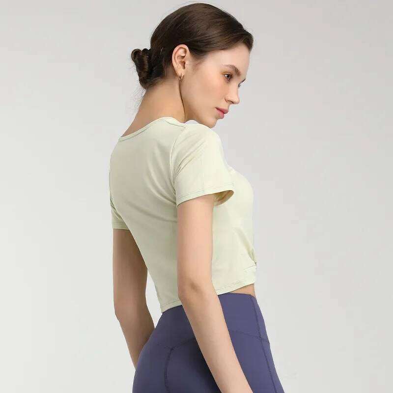 Running T-Shirt Hem Cross Stacking Shirt for Gym Crop Top Sports Tee Short Sleeved High Elastic Yoga Women Activewear 26Y0224