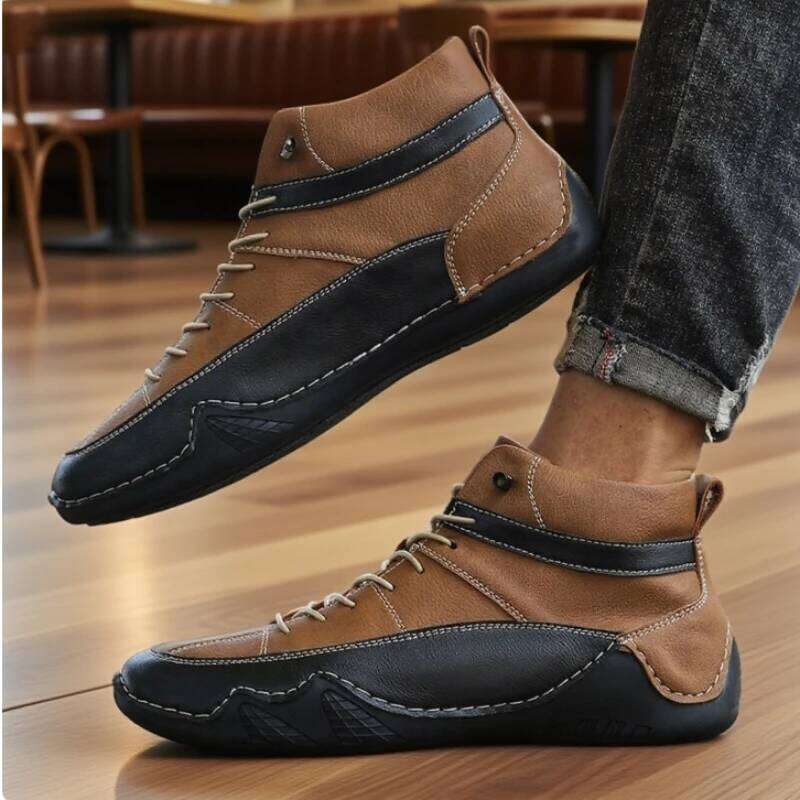 New Men's High Top Retro Classic Design Anti Slip Fashion Flat Bottom Loafers Stitched Sole Handmade Leather Driving Boots