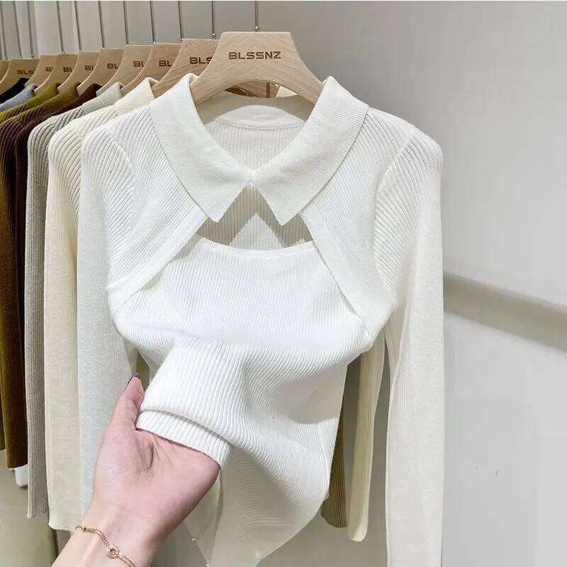 Women Clothing Fashion Polo Collar Hollow Out Knit Pullover Autumn Elegant Sexy Solid Patchwork Sweater Chic Y2K Long Sleeve Top 26W0224