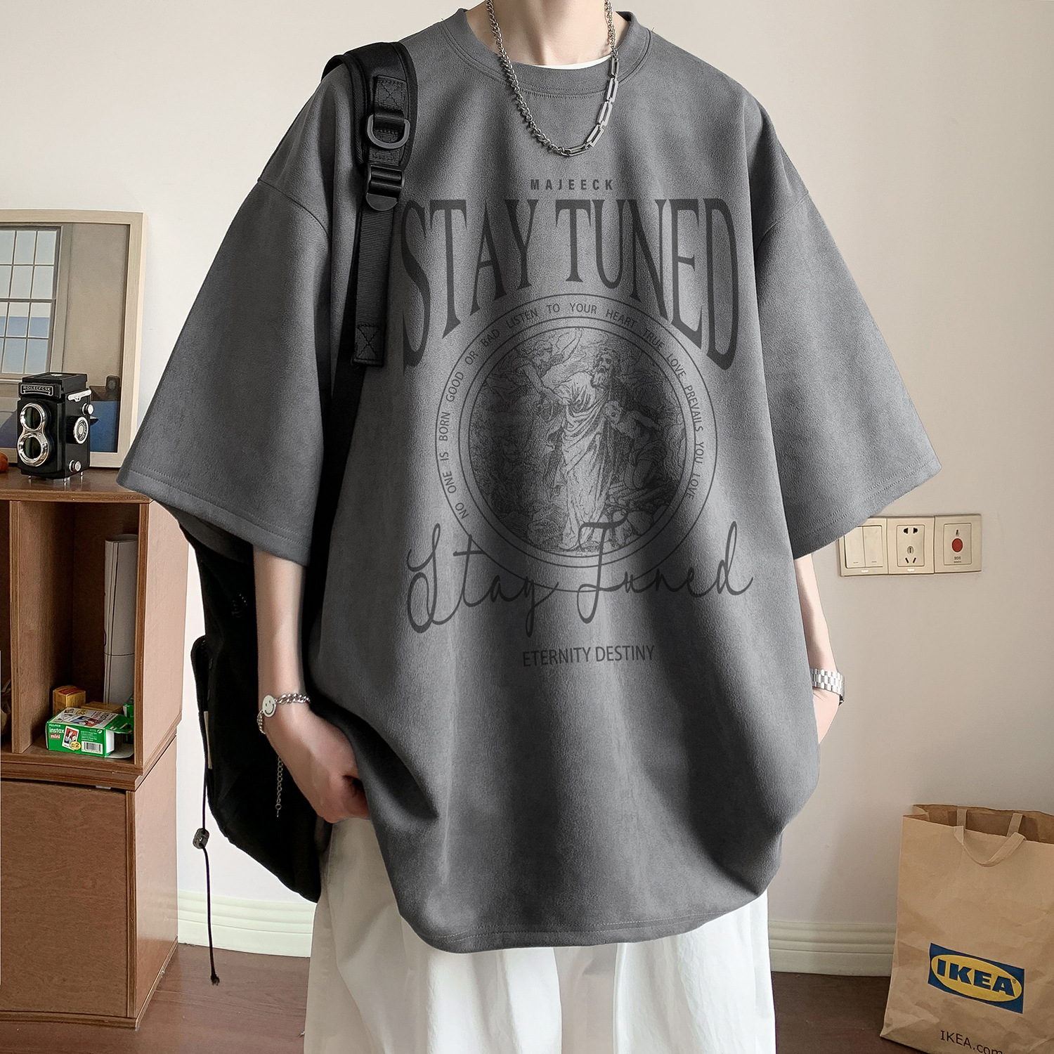 Men's Heavyweight Suede Short Sleeve T-Shirt Summer American Style Trendy Tops For Teen Boys