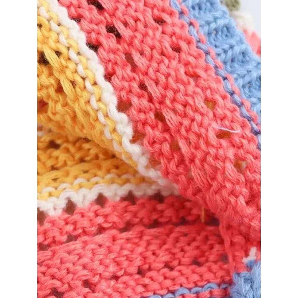 Women's Striped Crochet Knit Crop Sweater, Polo Collar, Short Sleeve, Button-up, Female Outerwear, Chic Tops, Fashion 26L0224