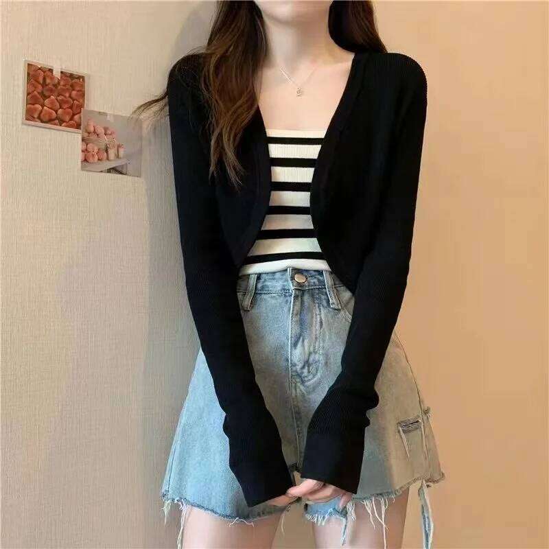 Shrug Long Sleeve Open Front Crop Cardigan Sweater Summer Bolero Top Women Teen-girl 90s Y2K Outfit 26L0224
