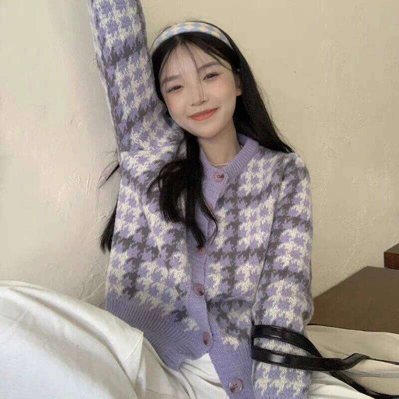 Y2k Pink Women Cardigan Korean Sweet Plaid Long Sleeve Female Sweaters Harajuku New O Neck Preppy Style Ladies Tops 26L0224