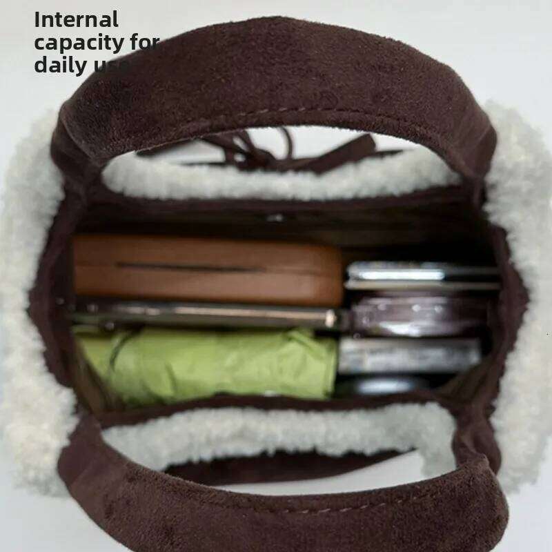 Vintage Shearling Suede Tote Women Large Capacity Bow Shoulder Autumn Winter Fashion Simple Texture Casual Bucket Bag Z260224