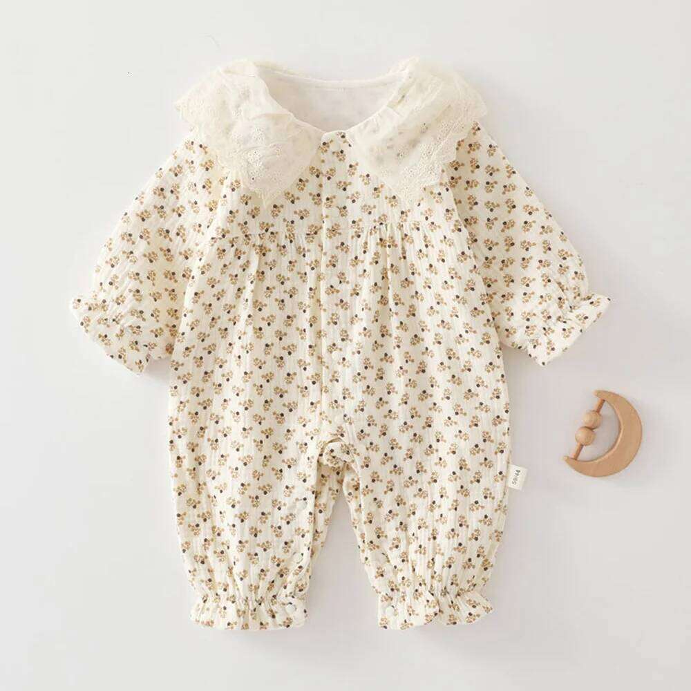 Gauze Baby Rompers Girls Floral Dot Print Peter Pan Collar Newborn Clothing Spring Autumn Infant Girl Long Sleeve Jumpsuit 26H0224