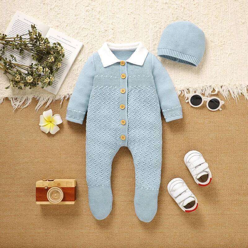 Baby Clothes Autumn Winter Knitted Newborn Boys Girls Rompers Hats Outfits Sets 2pcs 0-9M Infant Long Sleeve Jumpsuits Playsuits 26H0224