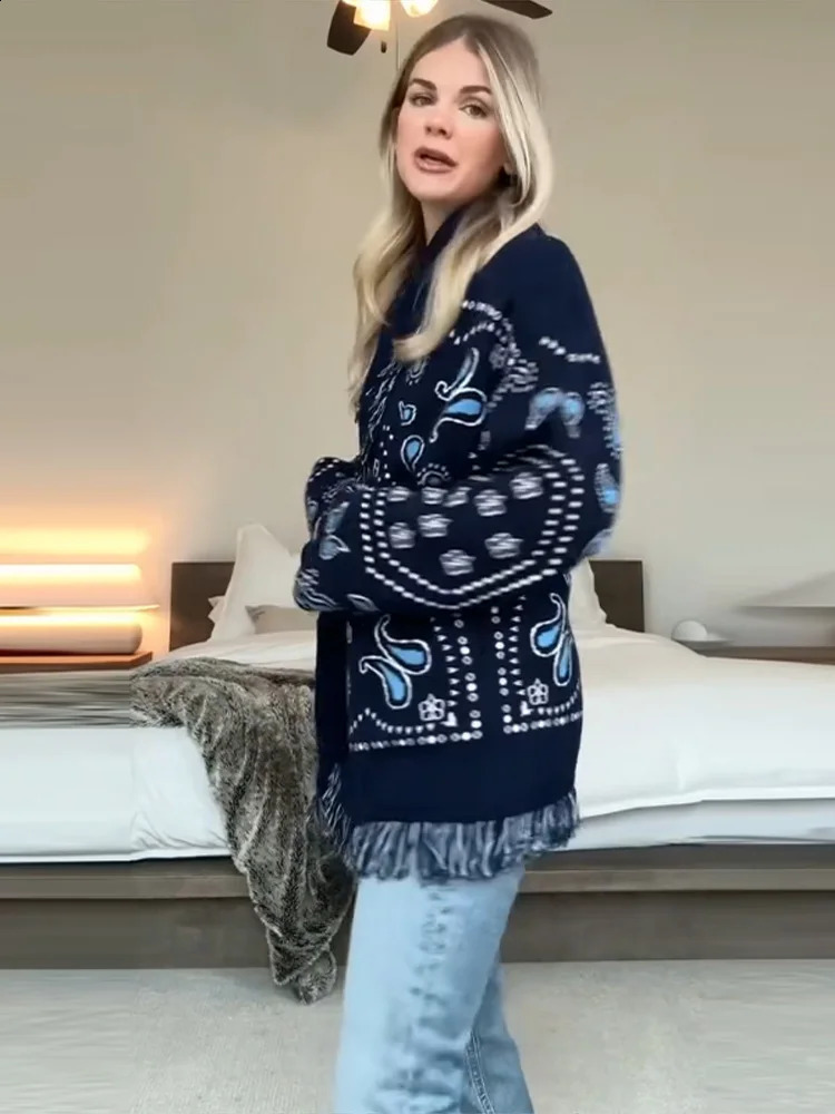 Printed Tassle Cardigan Women Outwear Solid Full Sleeve Tops Lace Up Jackets Loose Sweater Autumn Female Daily Casual Clothes 260126