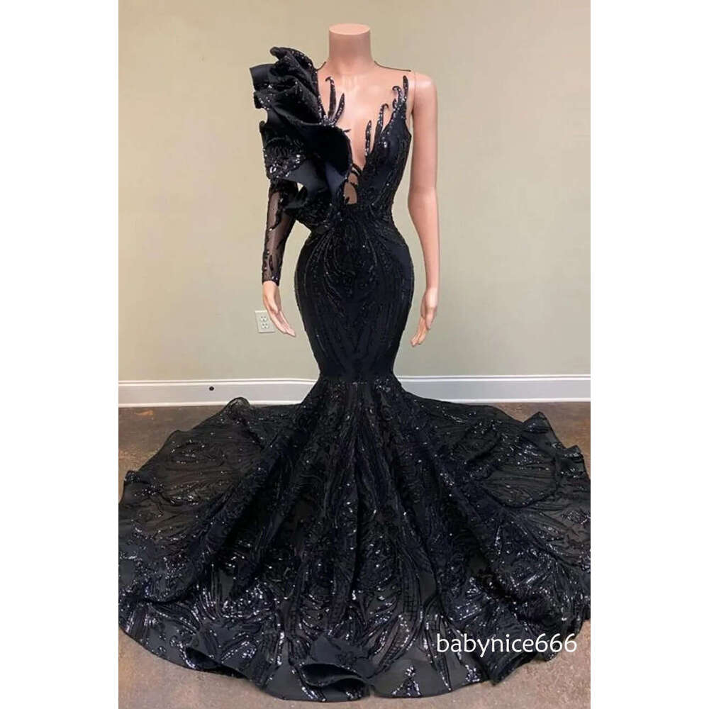 Vintage Black Mermaid Prom Dresses Gothic Evening Sheer Sleeve Sequins Beaded Ruffle Long Women party Occasion Gowns BC16131