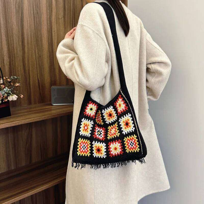 Stylish Tote Large Capacity Space-Saving Women Cut-out Knitted Handbag Casual Crochet Shopping Bag Z260224