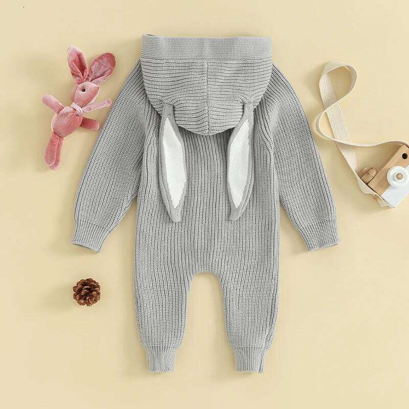 FOCUSNORM 0-18M Autumn Spring Baby Girls Boys Knit Rompers Bunny Ears Hooded Long Sleeve Single Breasted Jumpsuits 26H0224