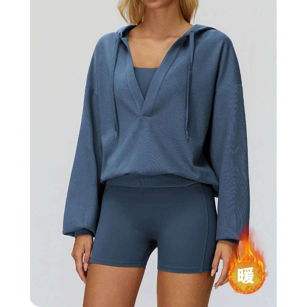 New Female Yoga Long Sleeve Top Hooded With Large V-neck Loose And Comfortable Outerwear Outdoor Running Sports 26Y0224