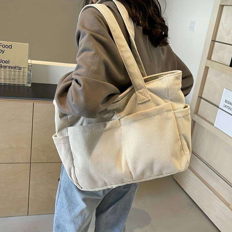 Women's Casual Corduroy Tote Striped Shoulder Bag with Fixed Straps Zipper Large Capacity Handbag for Daily Outings and Shop Z260224