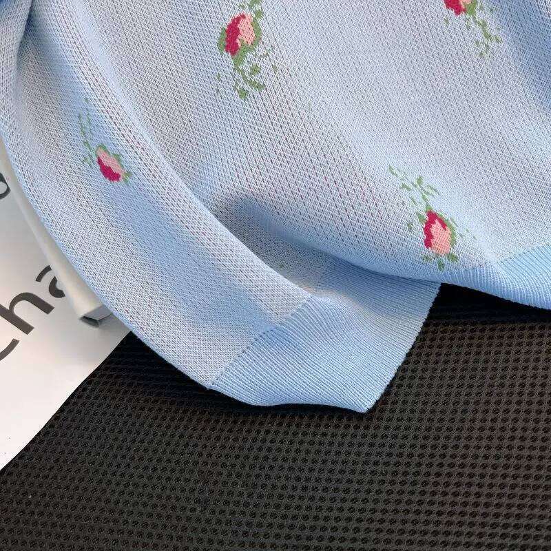 Vintage Women's Sweet Elegant Blue Print Short-sleeved Button Tops Summer New Polo Collar Festival Knitted T-shirt Popular Trend 26W0224