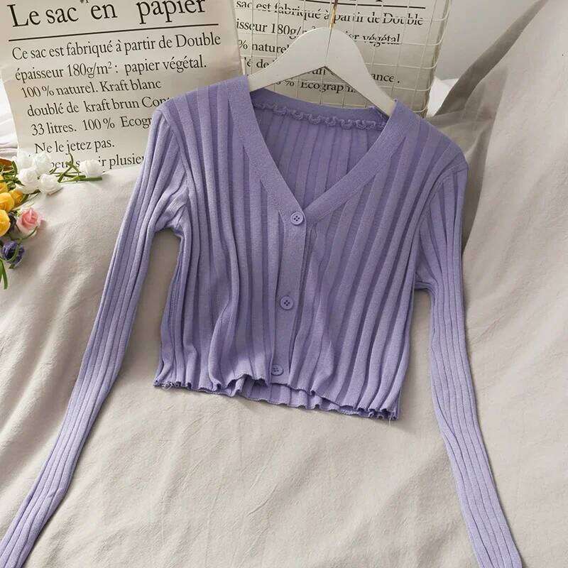 ITOOLIN Women Buttons Up Cardigan Shirt Acrylic Long Sleeve V-Neck Slim Cropped Knitwear Ribbed Knit Thin Solid Stretch Top 26L0224