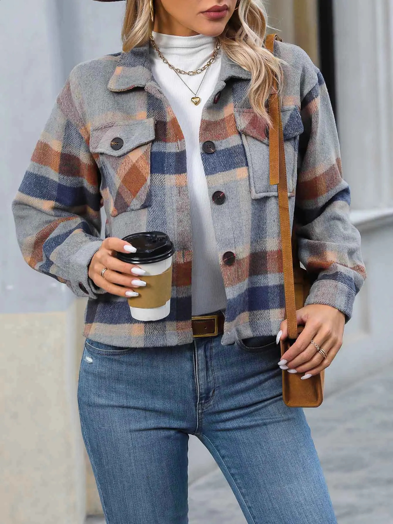 European and American CrossBorder Winter Product Lapel Flap Pocket Pants Fashion Casual Short Womens Plaid Jacket 260126