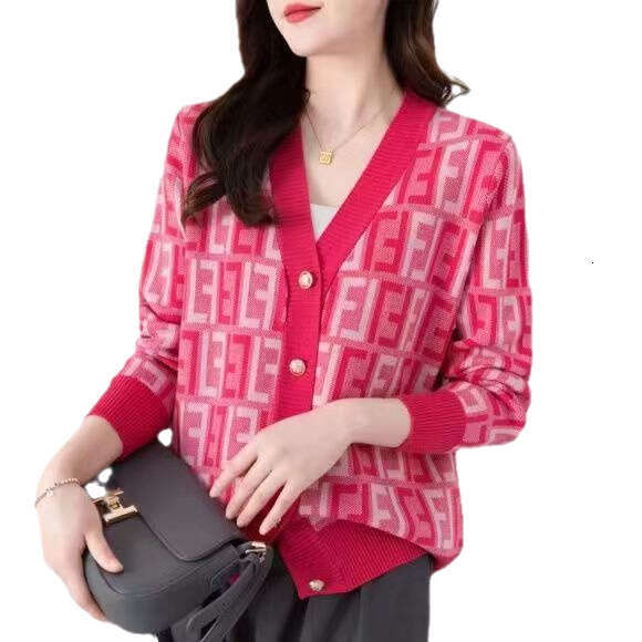 Spring And Autumn Hot-Selling Knitted Cardigan Fashionable Age-Reducing V-Neck Women's Top Versatile Letter Jacquard Long