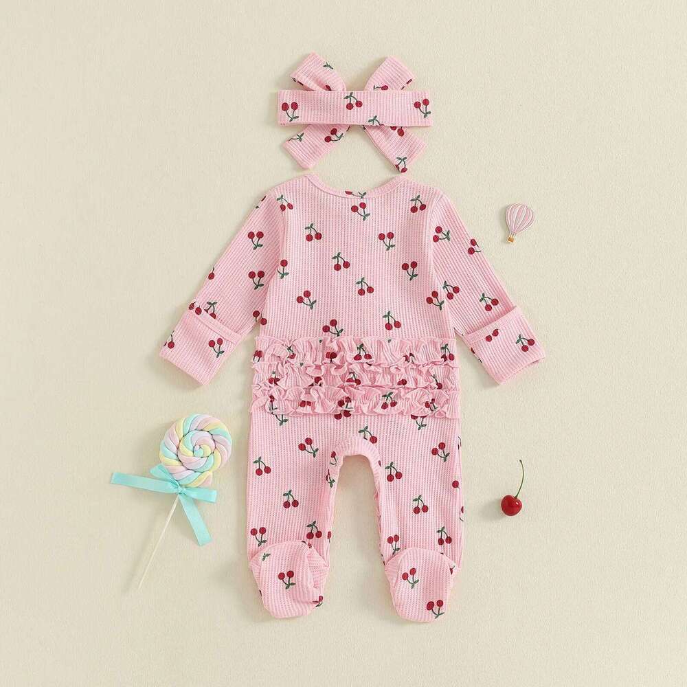 Newborn Baby Girl Fall Romper Cherry Print Long Sleeve Zip Up Round Neck Ruffled Footed Jumpsuit with Headband 26H0224