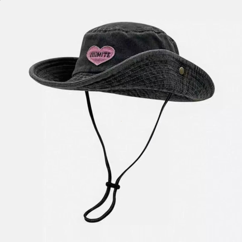 Japanese Retro Washed Cowboy Hats for Women Spring and Summer Outdoor Camping Sun Protection Sweet Pink Love Bucket Caps 260206