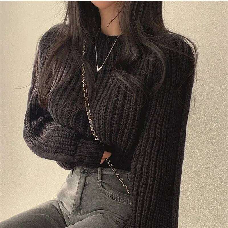 Loose Vintage Harajuku Lantern Long Sleeve Women Korean Autumn Winter Knitwear Soft Warm Tops Chic Solid Femme Sweater 26Li0224