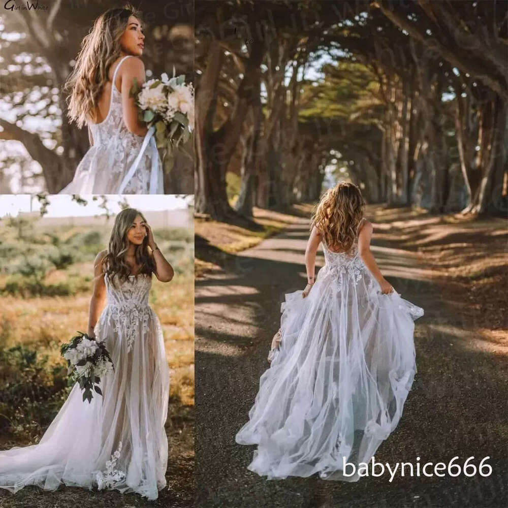 Boho Country Wedding Dresses Bridal Gown Spaghetti Straps A Line Tulle Lace Applique Sweep Train Custom Made Plus Size Vestidos De Novia 401
