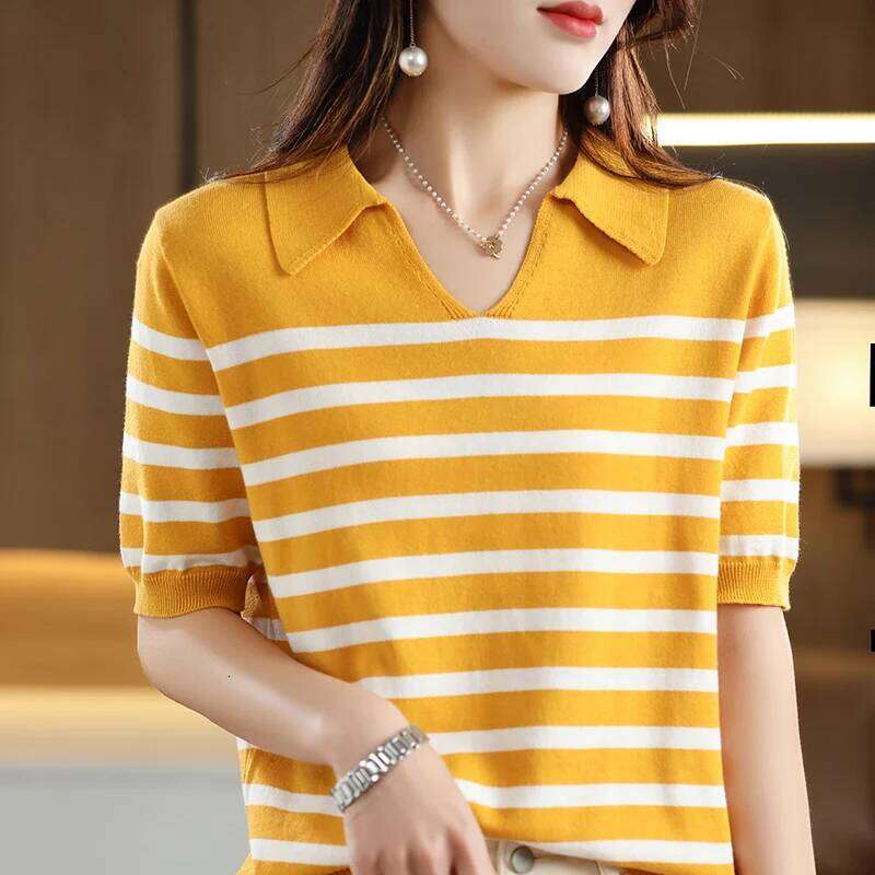 100% pure cotton women's T-shirt summer new striped knitted short sleeved loose Tops POLO collar Tees Lady Blouse 26W0224