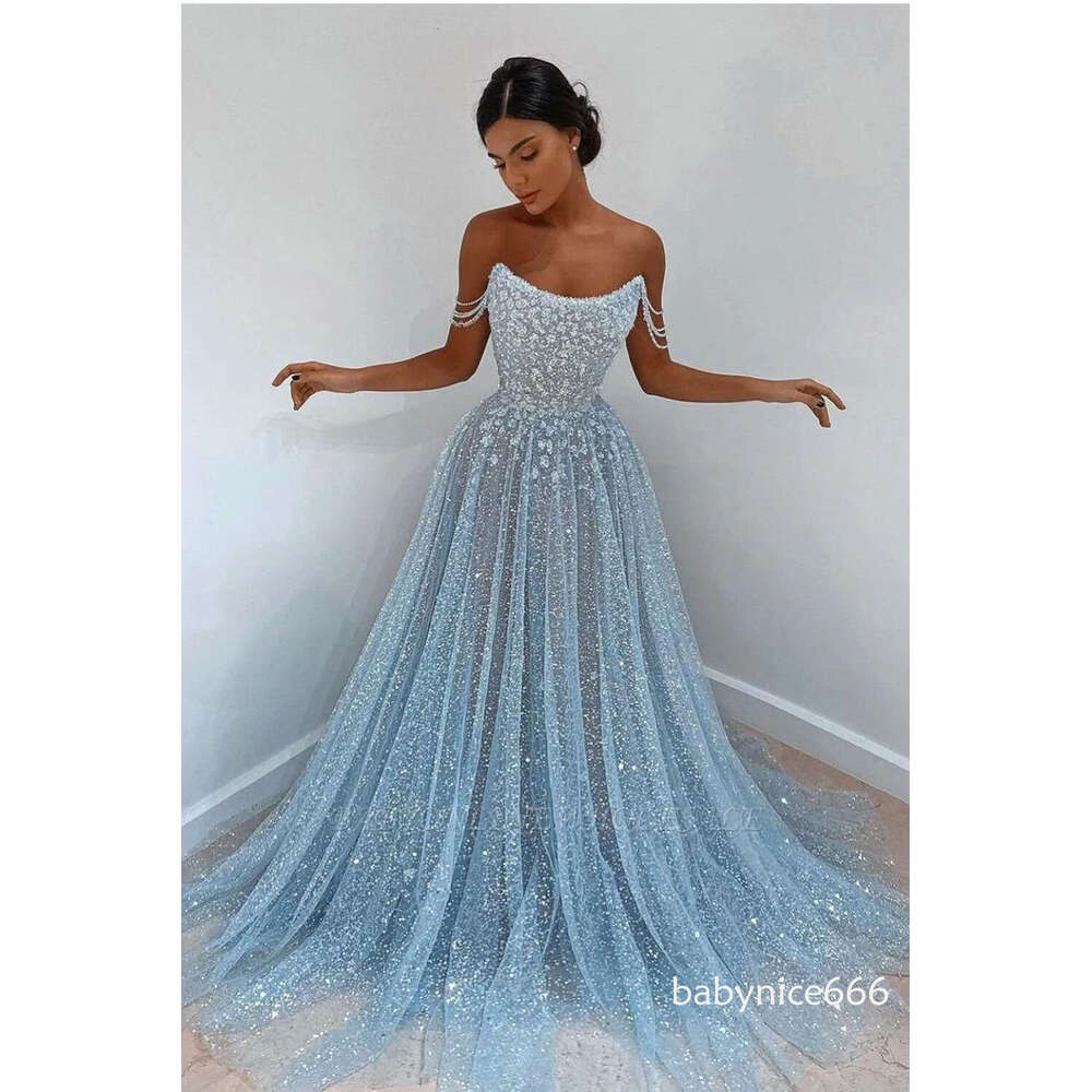 Princess Sky Blue Prom Dresses Sparkle Sequins Beads Spaghetti Long Women Occasion Evening Party Gowns Custom Made BC5842