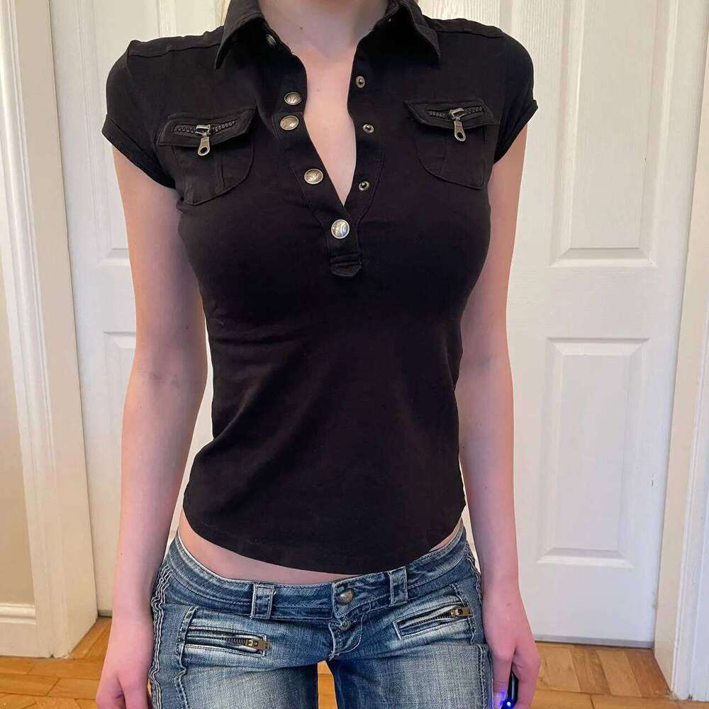 Korean Style Turn-down Collar Crop Tops For Women 2025 Summer Slim White T Shirts Woman Buttons Tees Short Sleeve Tshirt Mujer 26W0224