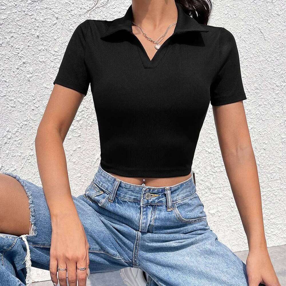 polo neck V sleeve women's summer shoulder high waist Spice Girl T-shirt slimming short crop top 26W0224
