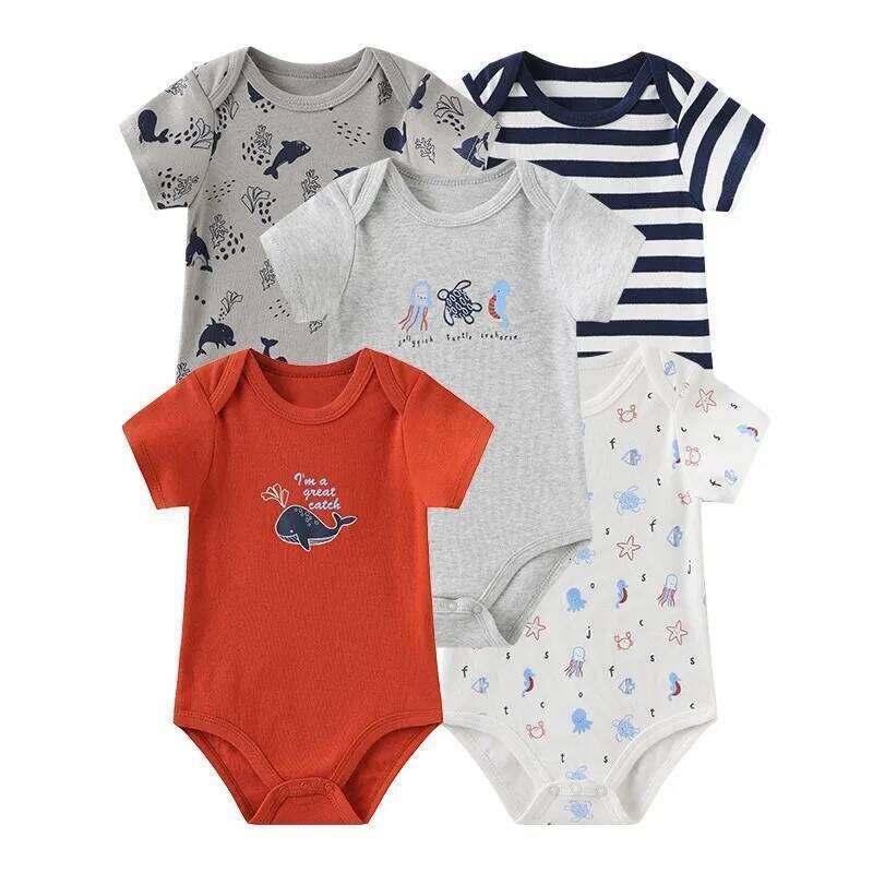 Kiddiezoom 5pcs Summer Short Sleeve Boy Girl Bodysuits Soft Newborn Baby Onesie 26Y0224