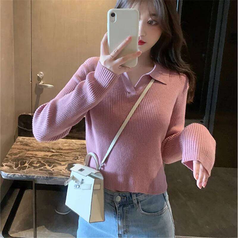 Women's Autumn Winter Pullover Solid Base All Match Sweater Lapel Polo Neck Knitted Bottoming Top 26W0224