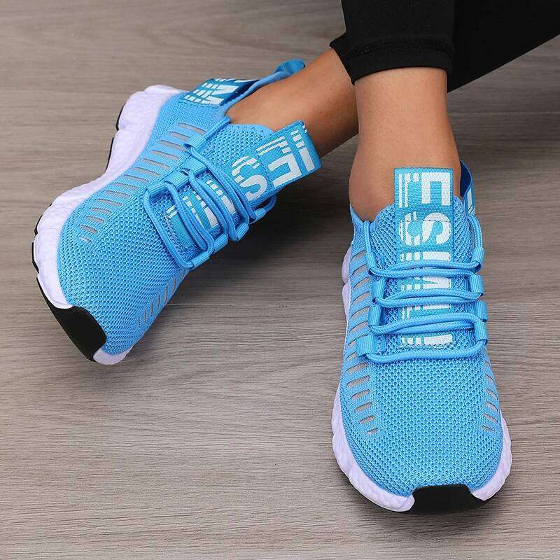 Women's Sneakers Knitted Mesh Breathable Fashionable Lightweight Soft Lace Up Flexible Trendy Exercise Walking Flat Shoes