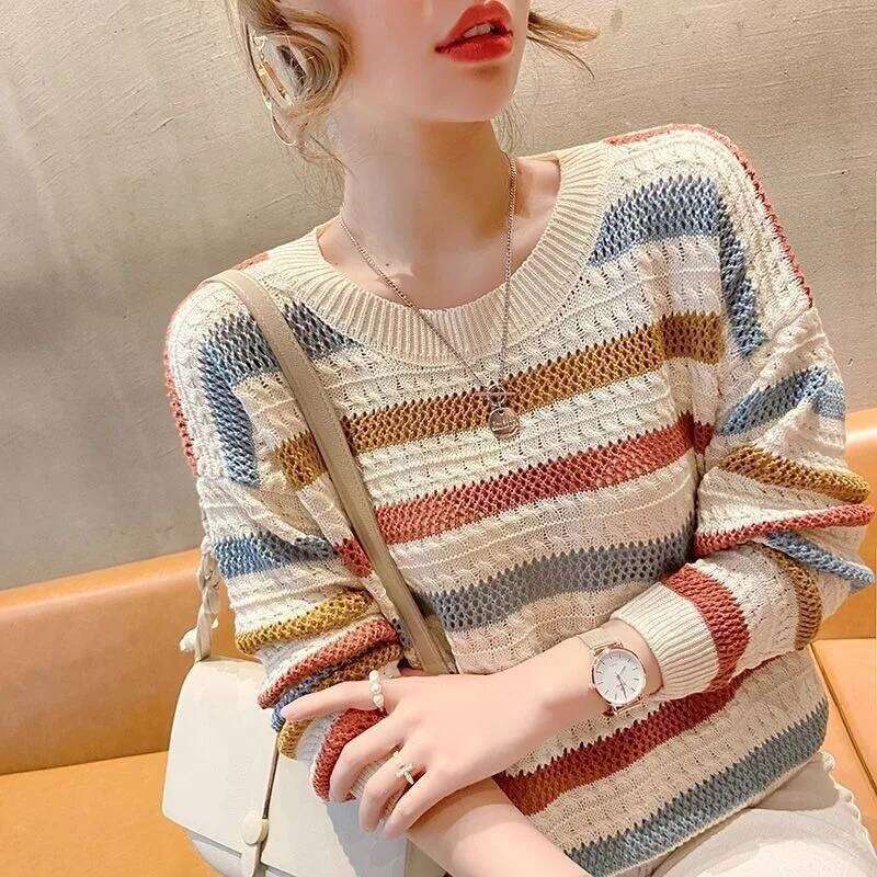 Women Sweater Loose Korean Fashion Knitted Autumn Spring Jumper Striped Hollow Out Streetwear Round Neck Female Clothing 26L0224