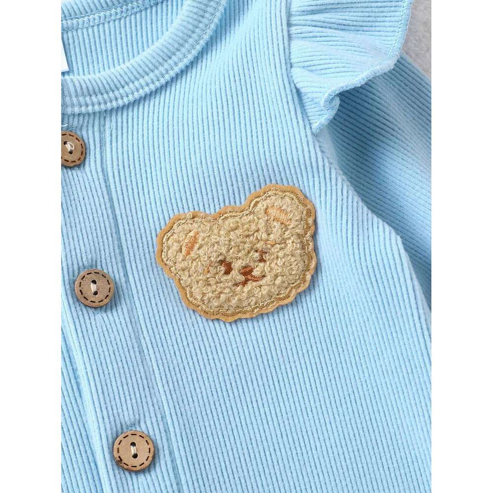 Infant Boy Autumn Ruffle Long Sleeve Cute Bear Applique Ribbed Bodysuit And Headband Two Piece Set 26H0224