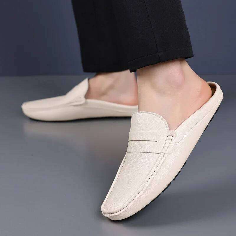 Summer Slip-on Soft Leather Slippers High Quality Flats Male Walking Casual Loafers Half Shoes for Men Lazy Shoe