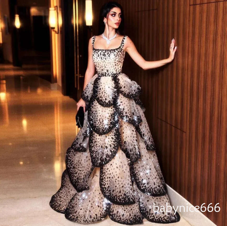 Luxury Dubai Elegant Sequin Lace Evening Dresses Sparkly Scoop Neck Tiered Ruffles A Line Women Party Formal Gowns BC17197