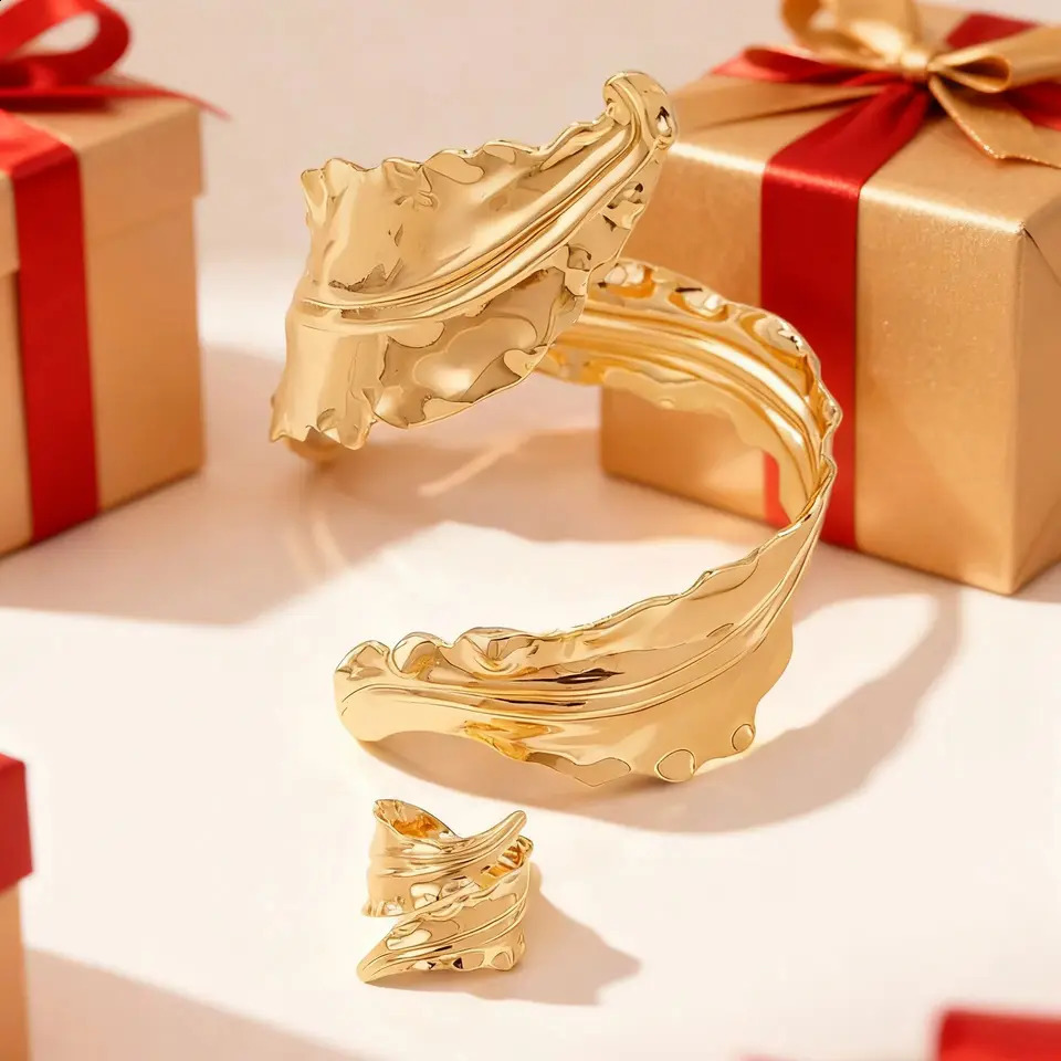 Bohemian Wrinkle Leaf Bracelet Ring Set for Women Artistic Elegant Adjustable Nature Style Jewelry Party Accessories 260207