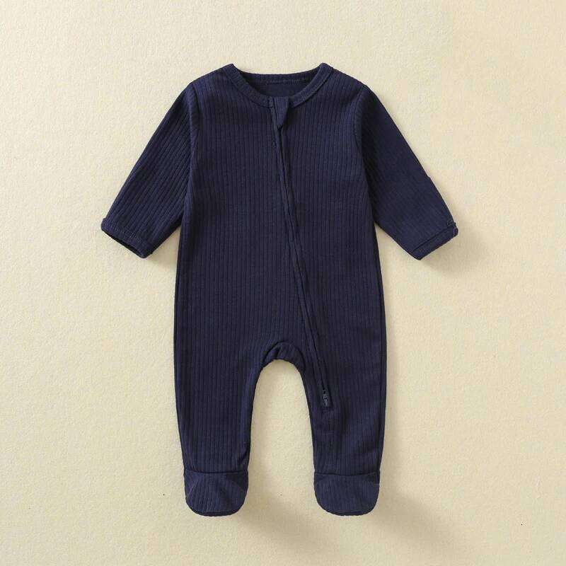 Baby Romper Long Sleeve Footed Cotton Zipper Front Outfit Spring Fall Newborn Unisex Ribbed Knitted Jumpsuit Pajamas Solid 26Y0224